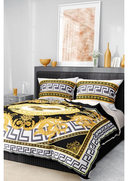 Pamuk Saten Lastikli Çarşaf Deluxe Çift Kişilik 3D Yellow Nevresim Takımı