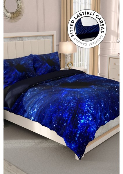 Çift Kişilik Lastikli Çarşaflı Pamuk Saten Blue Night Nevresim Takımı modelleri