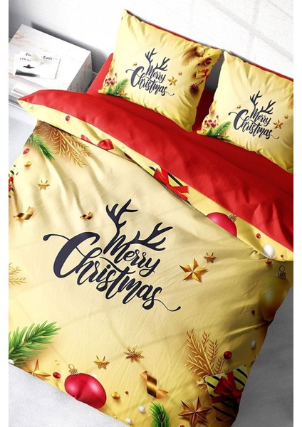 Yılbaşı Süsü Yellow Noel Pamuk Saten 3D Çift Kişilik Nevresim Takımı modelleri