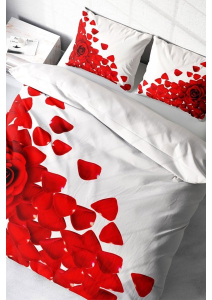 Doğal Pamuk Çift Kişilik 3D Digital Beyaz Güller Nevresim Takımı