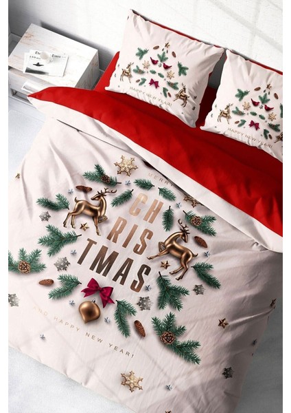 Yılbaşı (Lastikli Çarşaflı) Çift Kişilik Pamuk Saten White Noel Nevresim Takımı