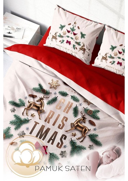 Yılbaşı (Lastikli Çarşaflı) Çift Kişilik Pamuk Saten White Noel Nevresim Takımı