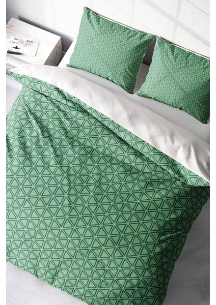 Lastikli Çarşaflı Pamuk Saten Çift Kişilik Green Pattern Nevresim Takımı