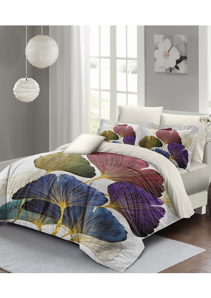 Lastikli Çarşaflı Pamuk Saten Çift Kişilik Colorfull Leave Nevresim Takımı