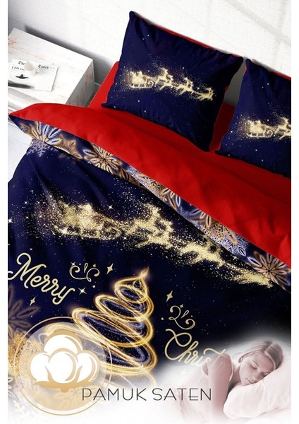 Yılbaşı Çift Kişilik Nevresim Lastikli Çarşaflı Pamuk Saten Gold Noel Nevresim Takımı fırsatları