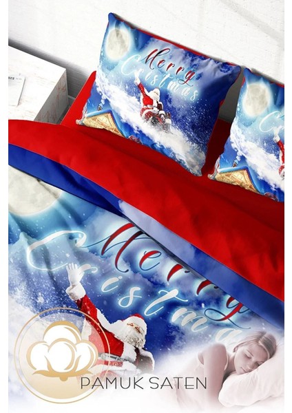 Yılbaşı (Lastikli Çarşaflı) Çift Kişilik Pamuk Saten Blue Noel Nevresim Takımı fırsatları
