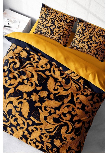 Lastikli Çarşaflı Pamuk Saten Çift Kişilik Gold Floral Nevresim Takımı
