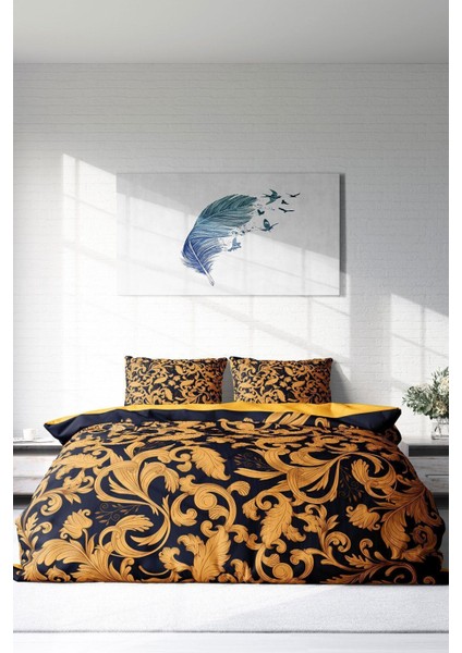 Lastikli Çarşaflı Pamuk Saten Çift Kişilik Gold Floral Nevresim Takımı modelleri