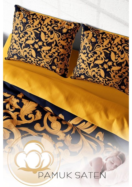 Lastikli Çarşaflı Pamuk Saten Çift Kişilik Gold Floral Nevresim Takımı fırsatları