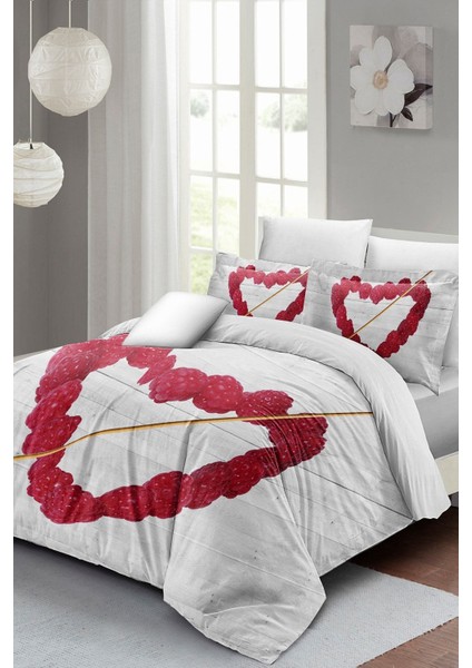Çift Kişilik Sık Dokuma Pamuk Saten 3D Özel Tasarım Raspberry Heart Nevresim Takımı
