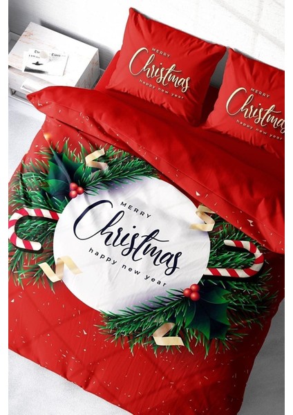 Yılbaşı Süsü Green Christmas Noel Pamuk Saten 3D Çift Kişilik Nevresim Takımı modelleri