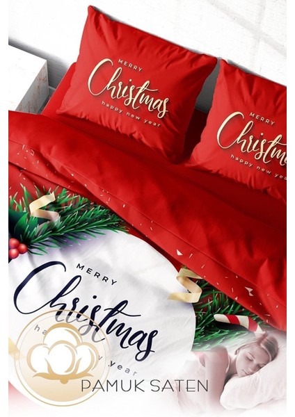 Yılbaşı Süsü Green Christmas Noel Pamuk Saten 3D Çift Kişilik Nevresim Takımı fırsatları