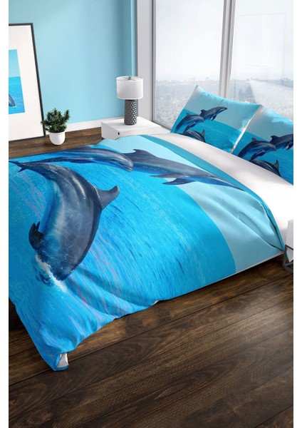 Dolphin3 3D Pamuk Saten Çift Kişilik Nevresim Seti Nevresim Takımı
