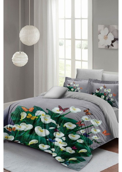 Çift Kişilik Sık Dokuma Pamuk Saten 3D Özel Tasarım Çiçekli Bahar Gri Nevresim Takımı