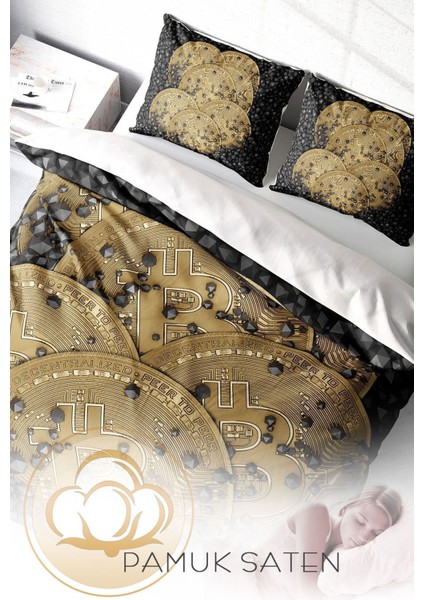 Çift Kişilik Sık Dokuma Pamuk Saten 3D Özel Tasarım Bitcoin-1 Nevresim Takımı fırsatları