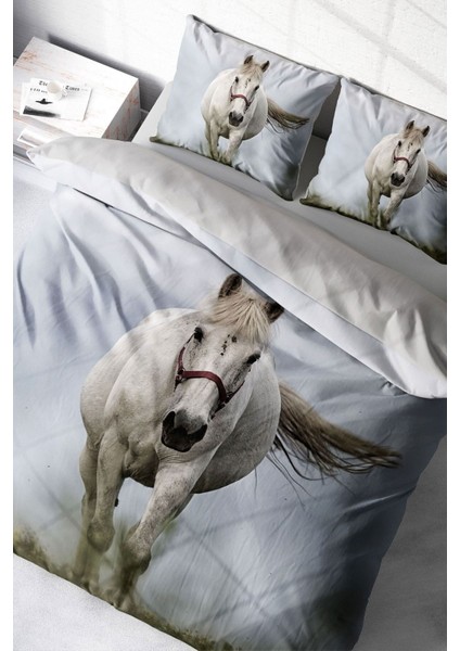 Çift Kişilik Sık Dokuma Pamuk Saten 3D Özel Tasarım Rebel Horse Naturel Nevresim Takımı
