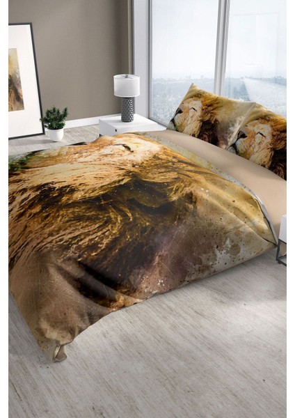 Lion 3D Pamuk Saten Çift Kişilik Nevresim Seti Nevresim Takımı