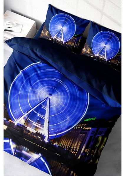 Çift Kişilik Sık Dokuma Pamuk Saten 3D Özel Tasarım London Eye Nevresim Takımı