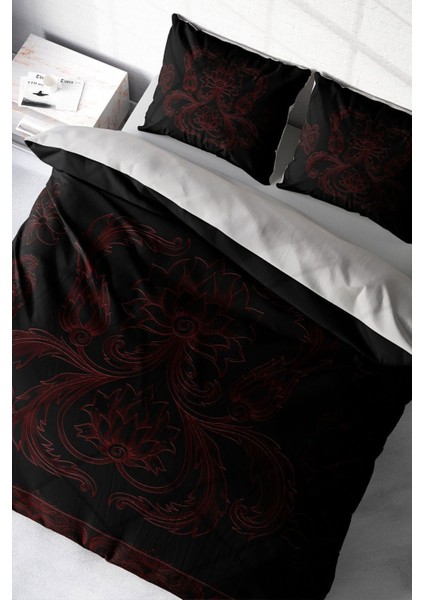 Lastikli Çarşaflı Pamuk Saten Çift Kişilik Black Baroque Nevresim Takımı