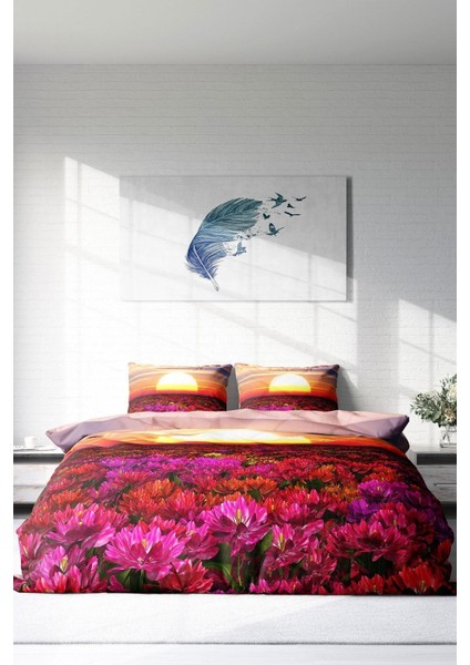 Doğal Pamuk Çift Kişilik 3D Digital Sunset Nevresim Takımı modelleri