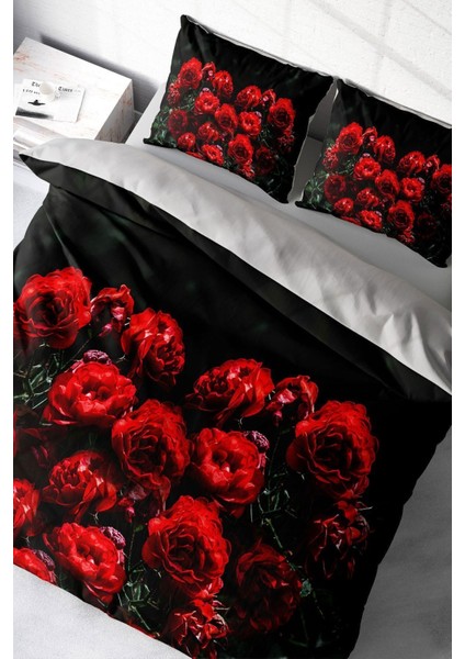 Doğal Pamuk Çift Kişilik 3D Digital Red Black Roses Nevresim Takımı