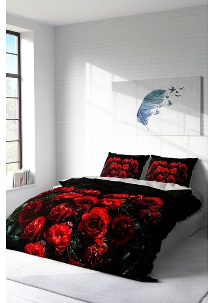 Doğal Pamuk Çift Kişilik 3D Digital Red Black Roses Nevresim Takımı fiyatları