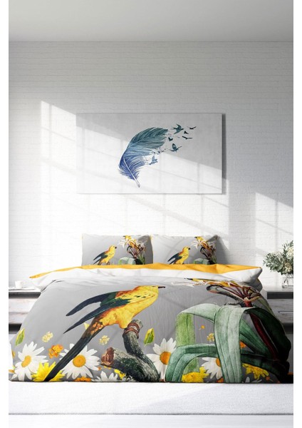 Doğal Pamuk Çift Kişilik 3D Digital Yellow Parrot Nevresim Takımı modelleri