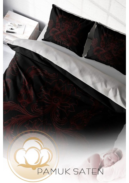Lastikli Çarşaflı Pamuk Saten Çift Kişilik Black Baroque Nevresim Takımı fırsatları