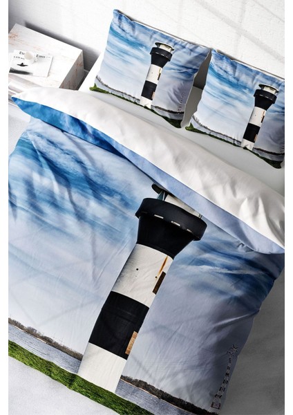 Doğal Pamuk Çift Kişilik 3D Digital Deniz Feneri Nevresim Takımı