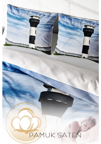 Doğal Pamuk Çift Kişilik 3D Digital Deniz Feneri Nevresim Takımı fırsatları