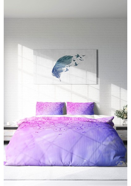 Çift Kişilik Lastikli Çarşaflı Pamuk Saten Violet Damask Nevresim Takımı