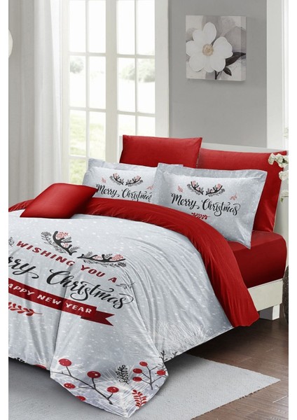 Yılbaşı (Lastikli Çarşaflı) Çift Kişilik Pamuk Saten Wıshing Noel Nevresim Takımı