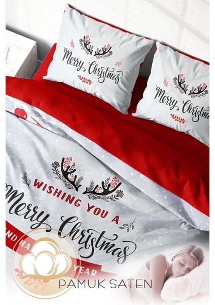 Yılbaşı (Lastikli Çarşaflı) Çift Kişilik Pamuk Saten Wıshing Noel Nevresim Takımı fırsatları