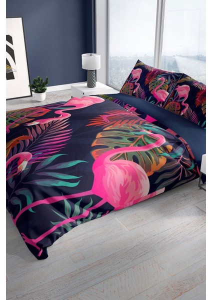 Flamingo I 3D Pamuk Saten Çift Kişilik Nevresim Seti Nevresim Takımı