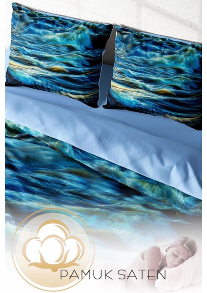 Doğal Pamuk Çift Kişilik 3D Digital Wavy Sea Nevresim Takımı fırsatları