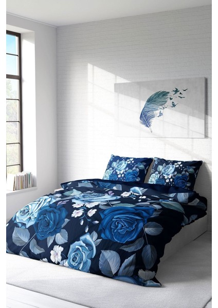 Doğal Pamuk Çift Kişilik 3D Digital Blue Flower Nevresim Takımı fiyatları