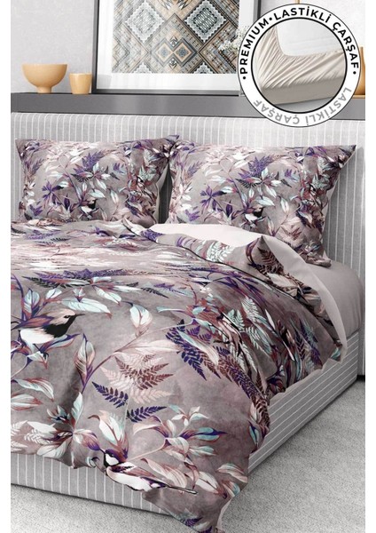 Pamuk Saten Lastikli Çarşaf Deluxe Koleksiyon Çift Kişilik 3D Bird Nevresim Takımı
