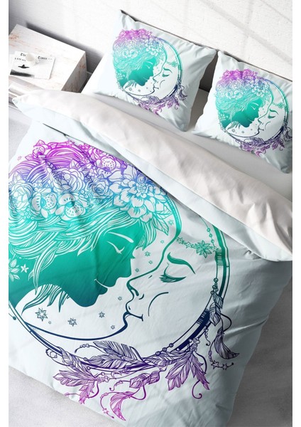 Çift Kişilik Sık Dokuma Pamuk Saten 3D Özel Tasarım Moon Romantik Nevresim Takımı