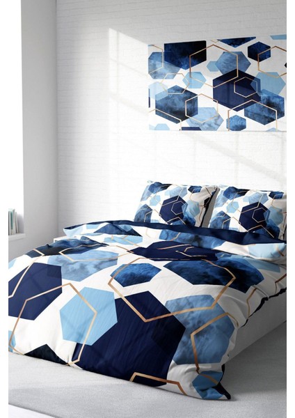 Doğal Pamuk Çift Kişilik 3D Digital Blue Hexagon Nevresim Takımı fiyatları