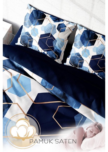 Doğal Pamuk Çift Kişilik 3D Digital Blue Hexagon Nevresim Takımı fırsatları