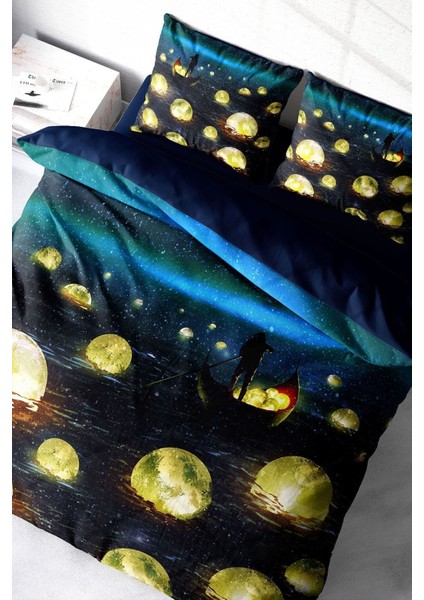 Doğal Pamuk Çift Kişilik 3D Digital Moon River Nevresim Takımı