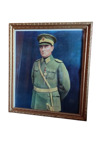 1980 Senesinde Basılmış Orijinal Özel Ahşap Çerçevesinde Üniformalı Asker Atatürk Portresi