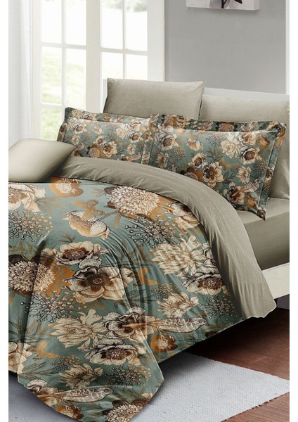 Çift Kişilik Lastikli Çarşaflı Pamuk Saten Mistique Flowers Nevresim Takımı