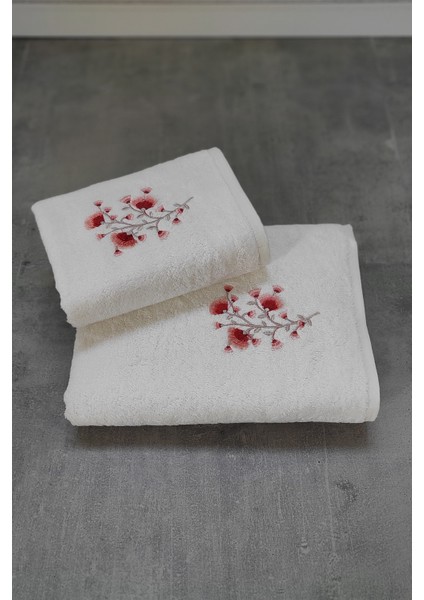 2'li Bambu Banyo Havlu Seti - Çiçek Nakışlı Çeyizlik Havlu Takımı -Tivoli Lisette -Ekru