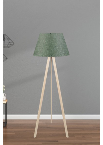 Üç Ayaklı Ahşap Lambader Konik Başlık Haki Yeşil Kumaş Salon Köşe Lambası