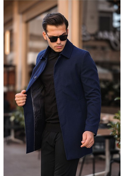 Uzun Kaşe Kaban Erkekler İçin Dar Kesim Biker Yaka Kışlık 100% Polyester