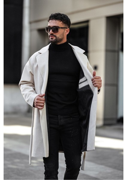 Erkek Siyah Kemerli Oversize Rahat Kesim Kaşe Kaban