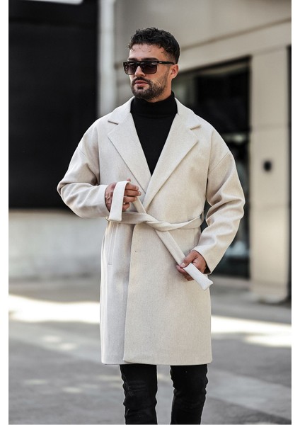Erkek Siyah Kemerli Oversize Rahat Kesim Kaşe Kaban