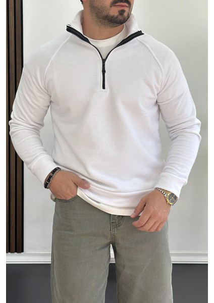 Erkek Yarım Fermuarlı Sweatshirt Beyaz EDW212 fiyatları