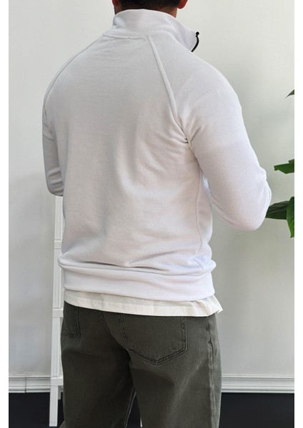 Erkek Yarım Fermuarlı Sweatshirt Beyaz EDW212 fırsatları